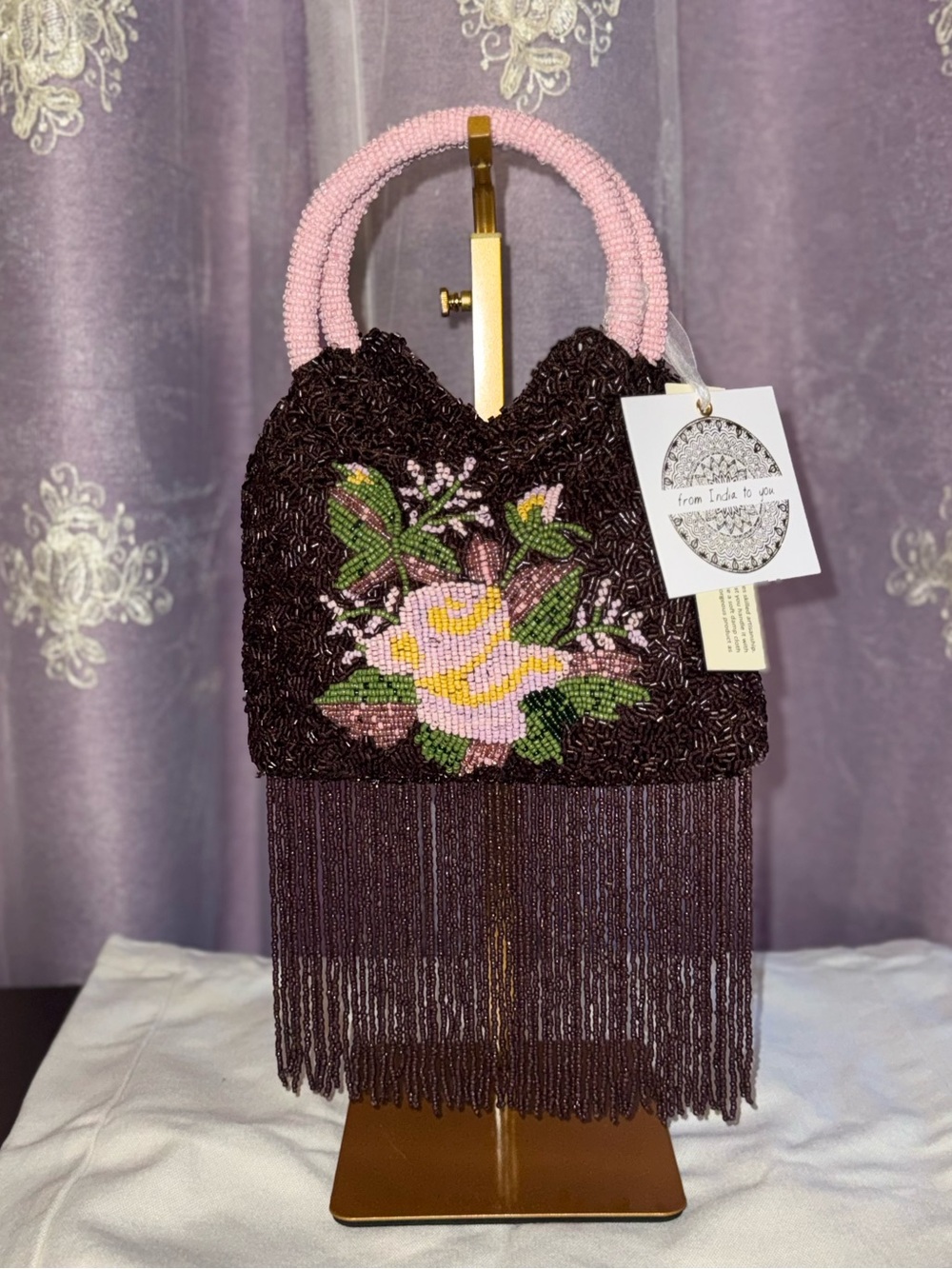NWT “From India to You” Hand Beaded Floral Fringe Evening Bag